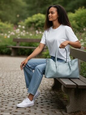 NWT Anthropologie Woven Faux Leather Tote Light Blue Large Slouchy Shoulder Bag